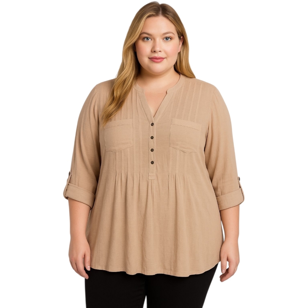 Cocomo Woman 3X Beige Rayon Blend Button Front Tunic Top Roll Tab Sleeves
